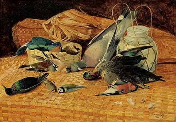 Natura morta di uccelli su un cesto di vimini